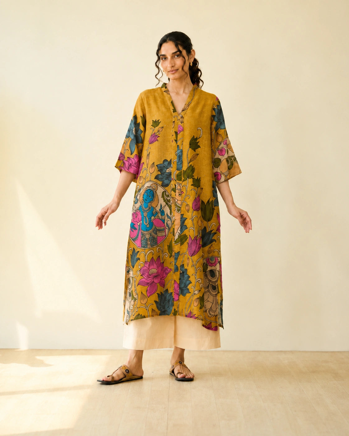 Vrindika Premium Cotton Printed Kurta Set with Pants – Mustard Floral Ethnic Wear