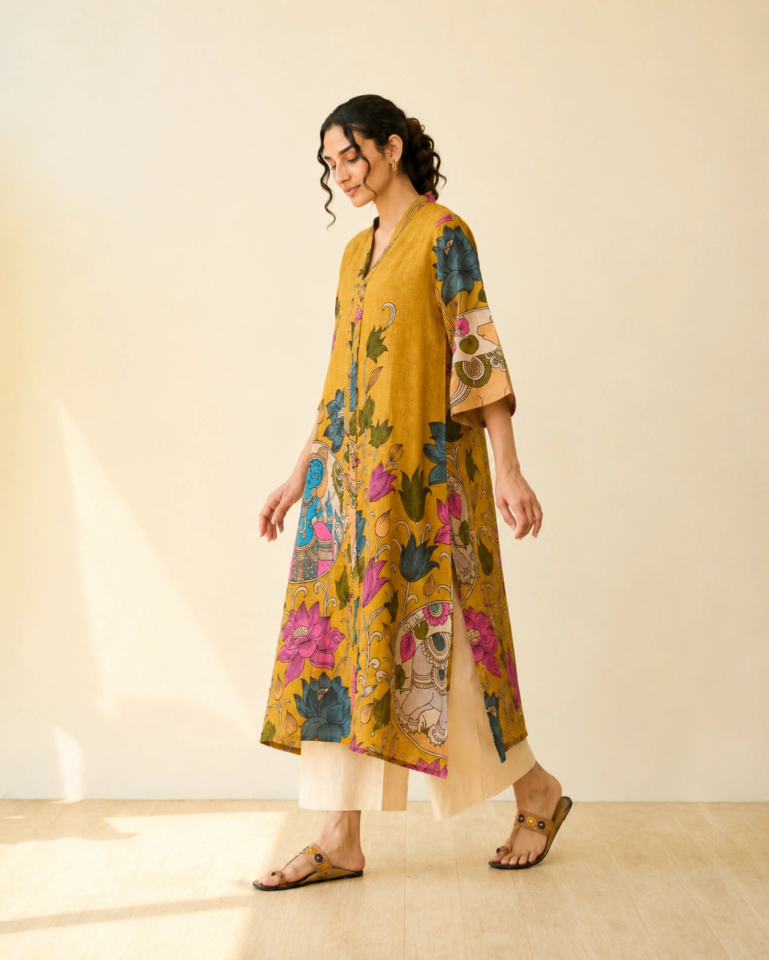 Vrindika Premium Cotton Printed Kurta Set with Pants – Mustard Floral Ethnic Wear