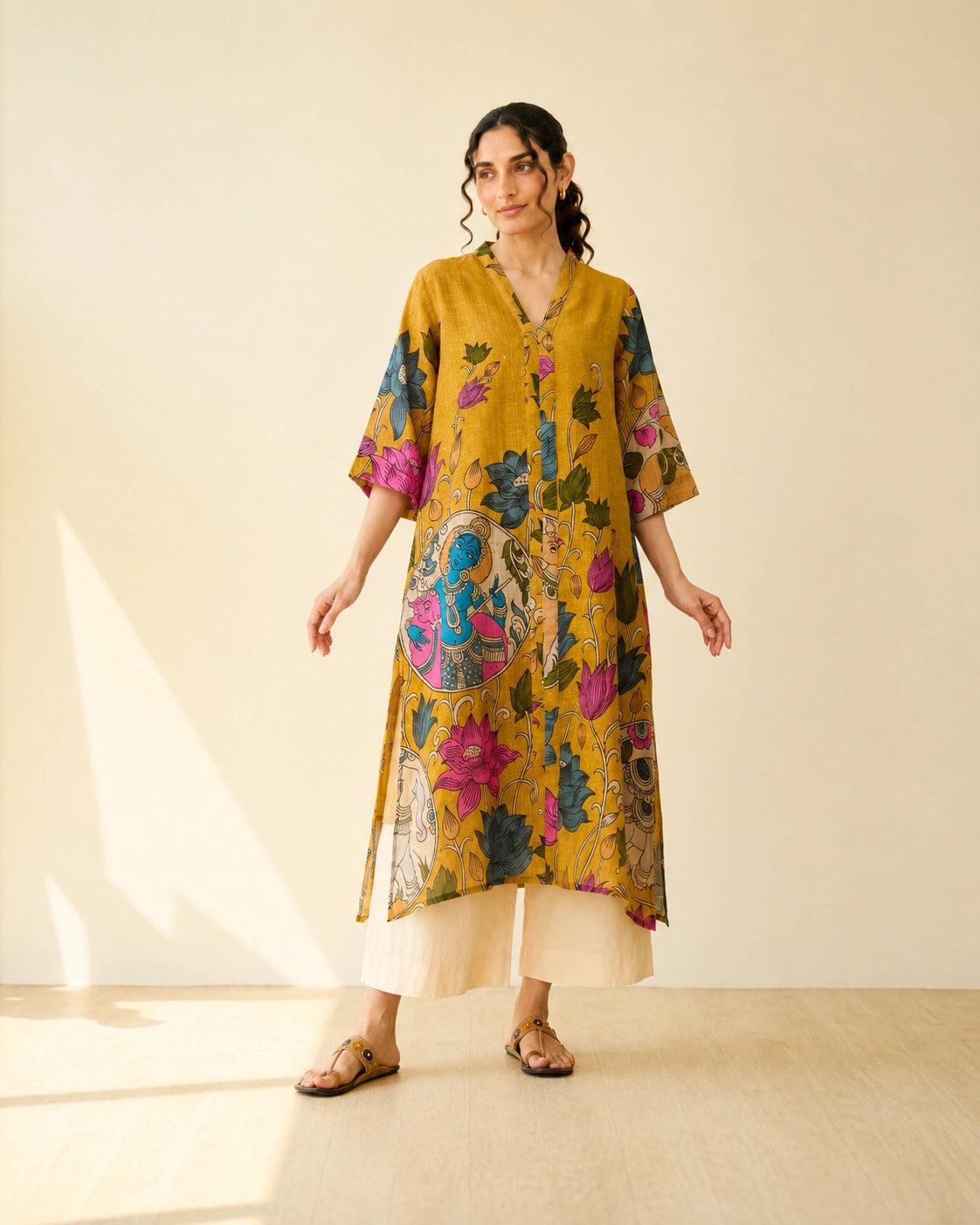 Vrindika Premium Cotton Printed Kurta Set with Pants – Mustard Floral Ethnic Wear