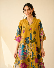 Vrindika Premium Cotton Printed Kurta Set with Pants – Mustard Floral Ethnic Wear