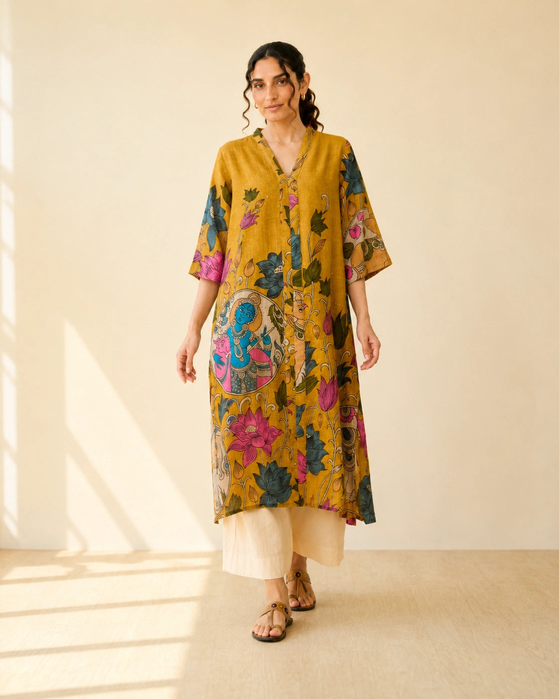 Vrindika Premium Cotton Printed Kurta Set with Pants – Mustard Floral Ethnic Wear