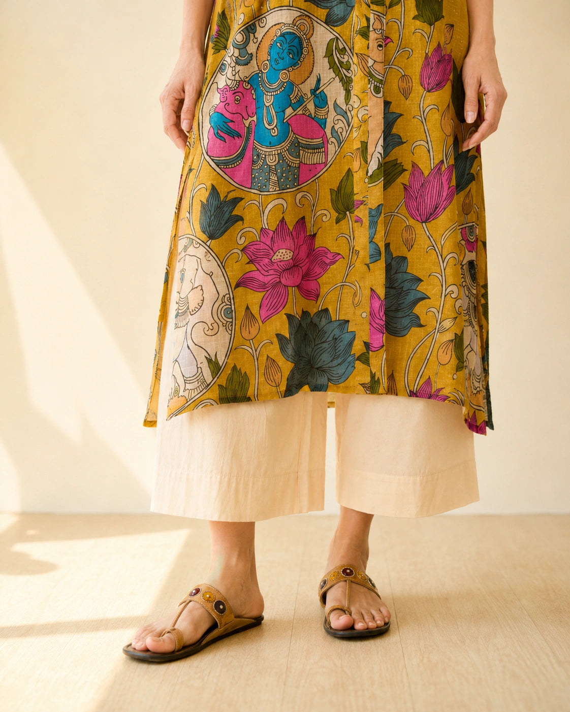 Vrindika Premium Cotton Printed Kurta Set with Pants – Mustard Floral Ethnic Wear
