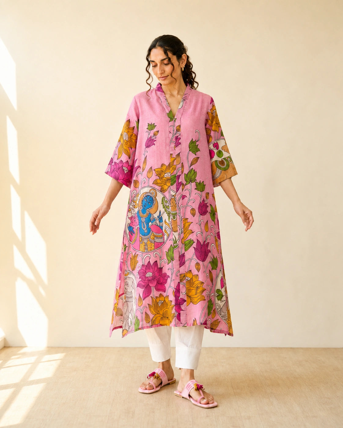 Vrindika Premium Cotton Printed Kurta Set with Pants – Pink Floral Ethnic Wear