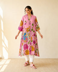 Vrindika Premium Cotton Printed Kurta Set with Pants – Pink Floral Ethnic Wear