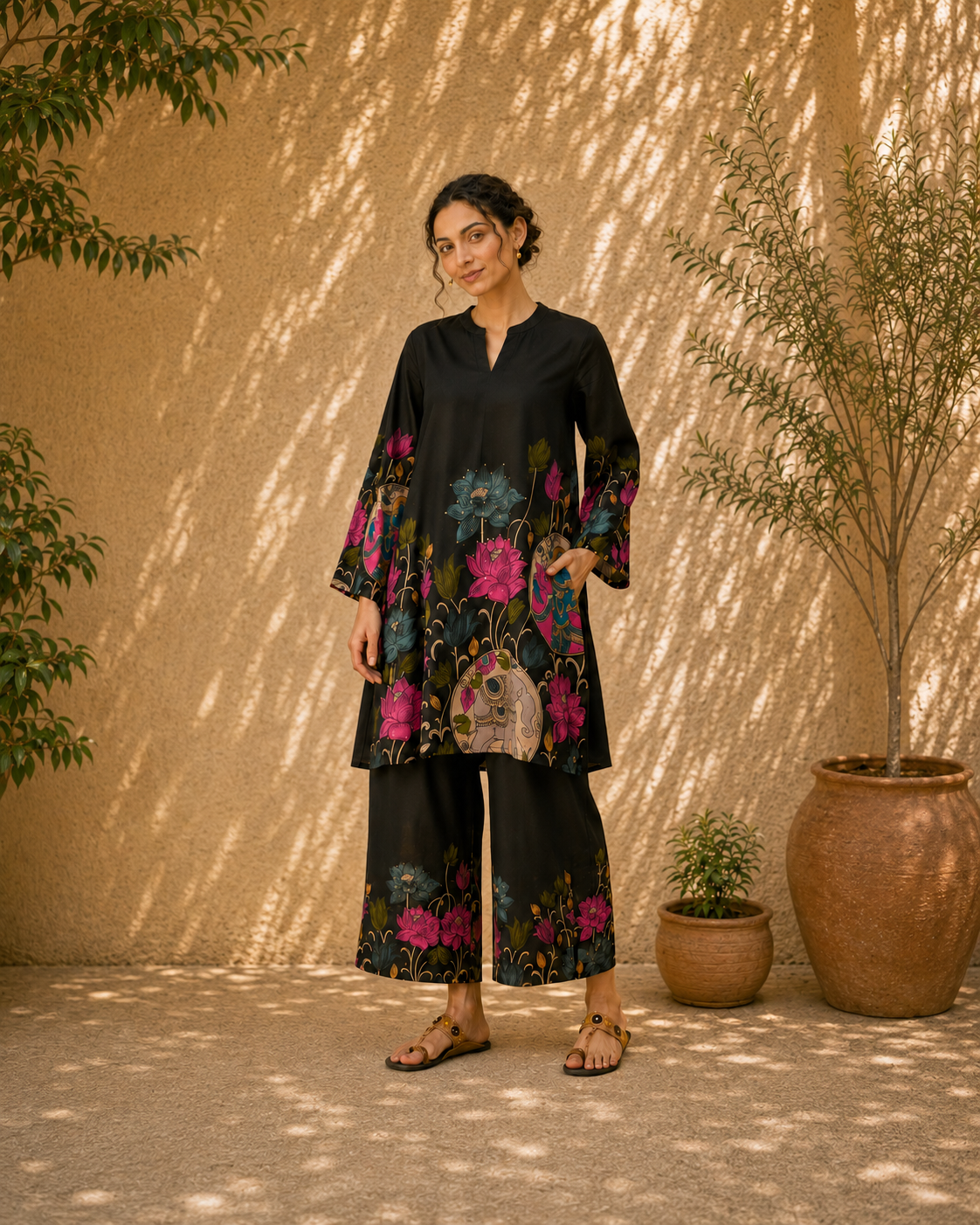 Vrindika Premium Cotton Printed Co-ord Set – Black Floral Ethnic Wear