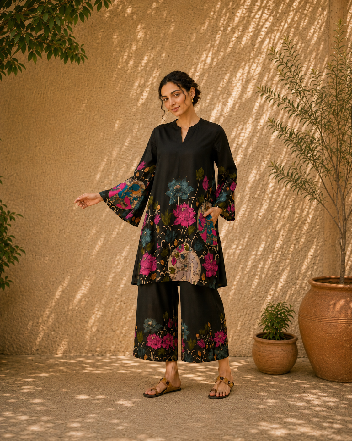 Vrindika Premium Cotton Printed Co-ord Set – Black Floral Ethnic Wear