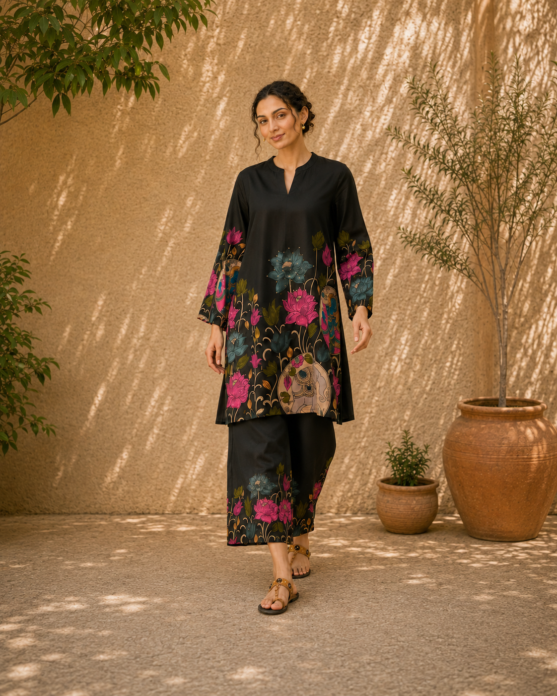 Vrindika Premium Cotton Printed Co-ord Set – Black Floral Ethnic Wear
