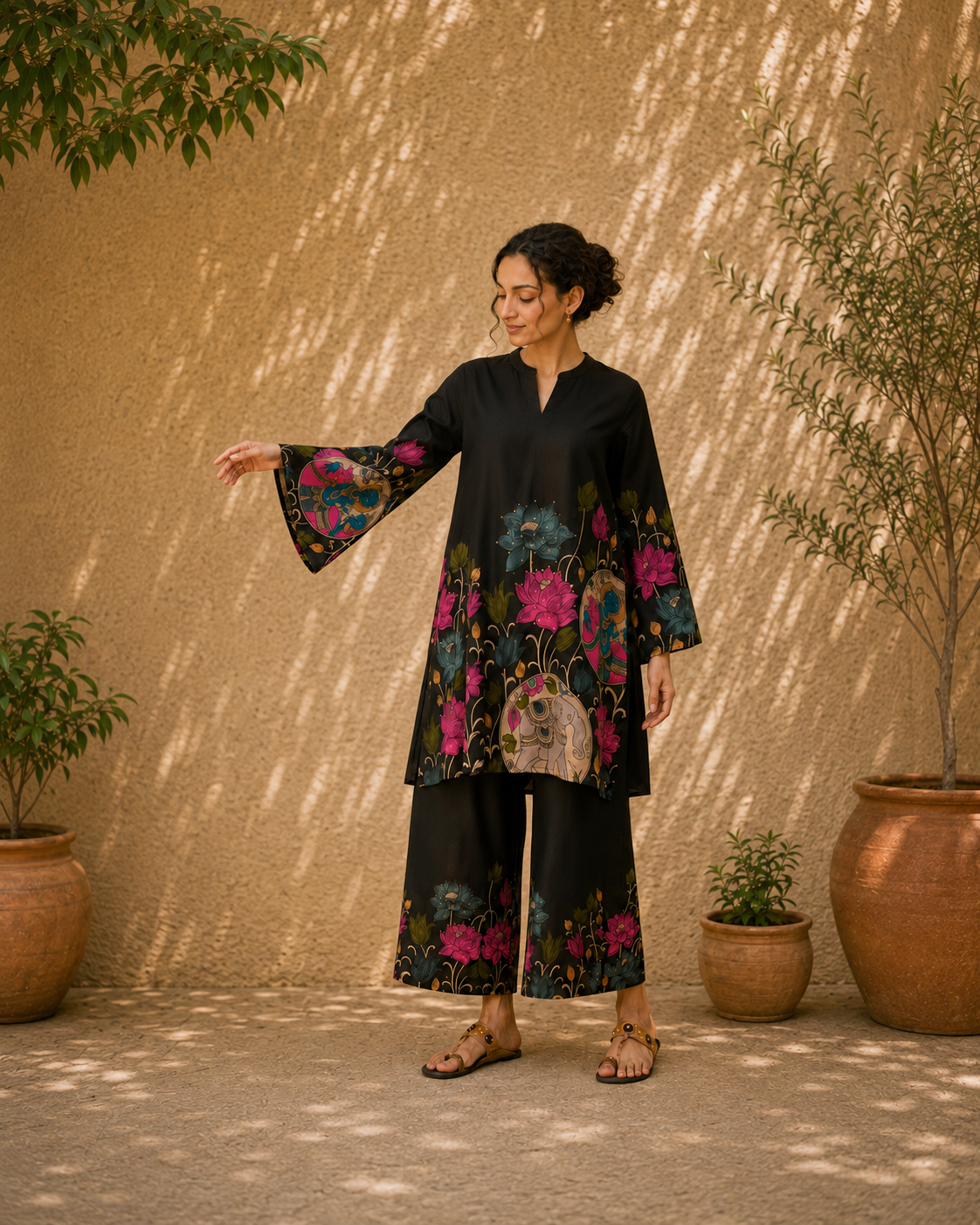Vrindika Premium Cotton Printed Co-ord Set – Black Floral Ethnic Wear