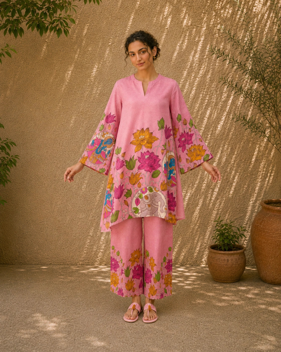 Vrindika Premium Cotton Printed Co-ord Set with Pants – Pink Floral Ethnic Wear