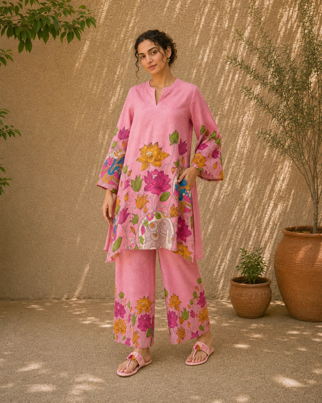 Vrindika Premium Cotton Printed Co-ord Set with Pants – Pink Floral Ethnic Wear