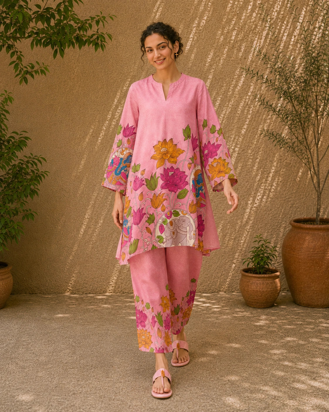 Vrindika Premium Cotton Printed Co-ord Set with Pants – Pink Floral Ethnic Wear