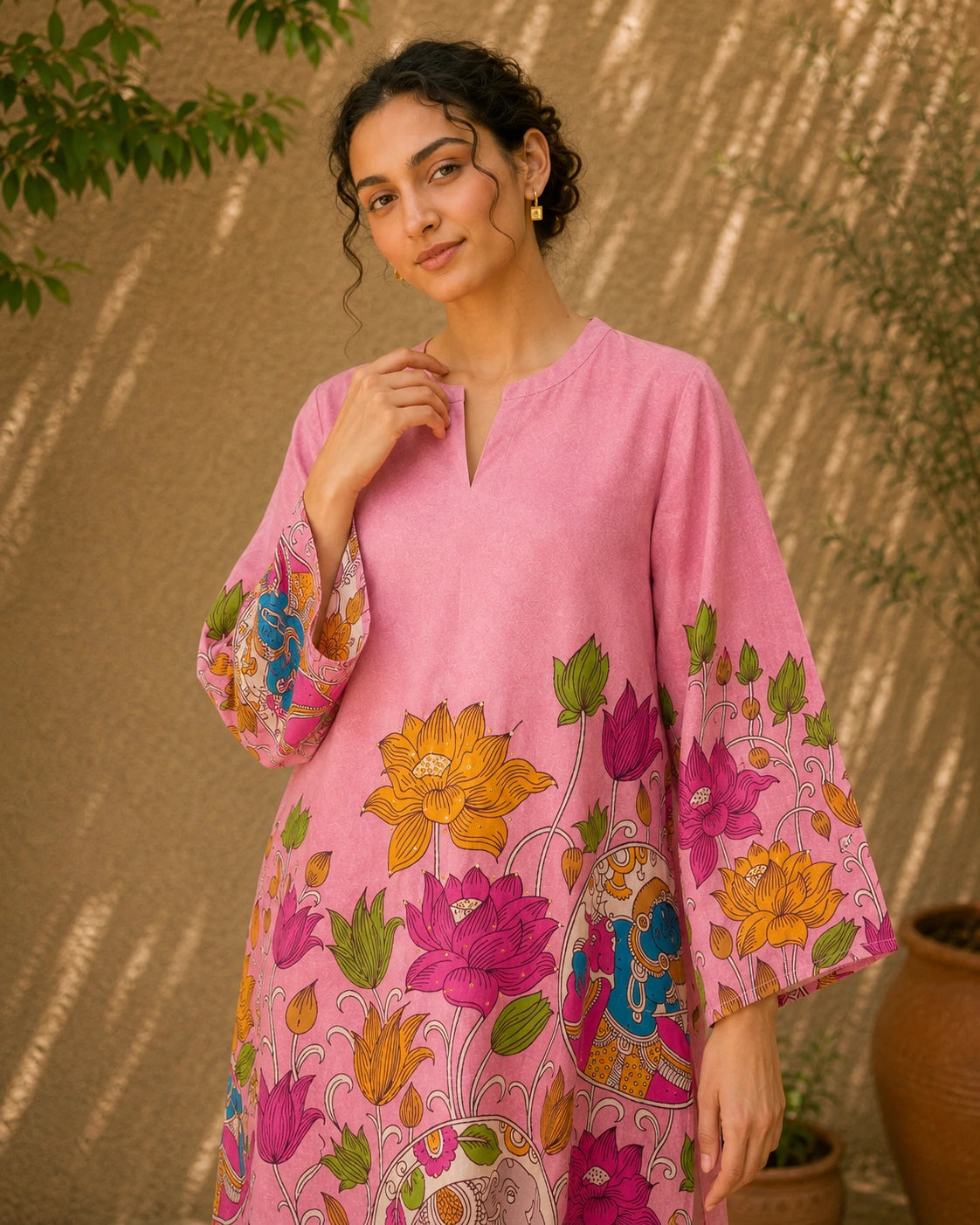 Vrindika Premium Cotton Printed Co-ord Set with Pants – Pink Floral Ethnic Wear