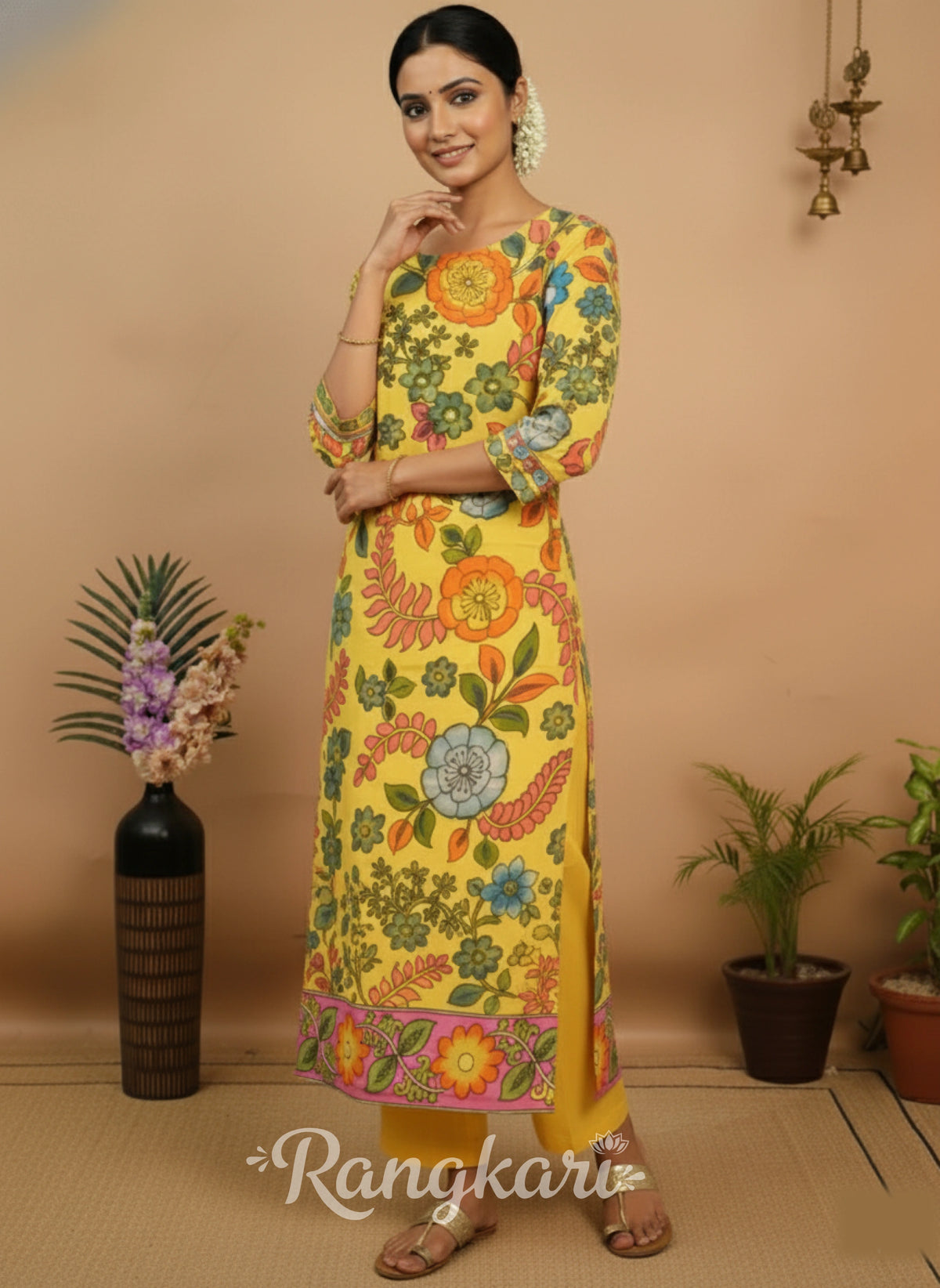 Sunshine Bloom Printed Floral Yellow Cotton Kurta for Women – Ethnic Elegance with Modern Charm