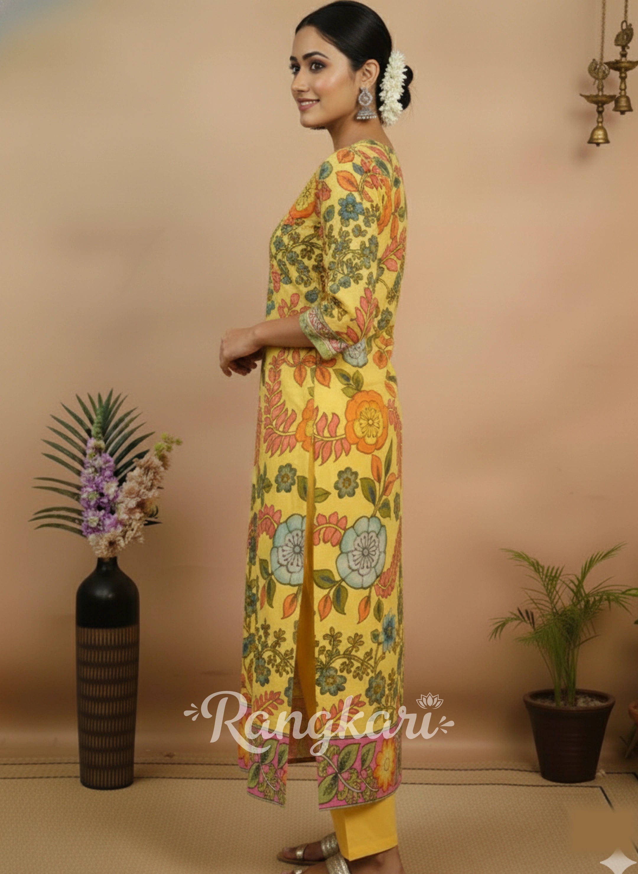 Sunshine Bloom Printed Floral Yellow Cotton Kurta for Women – Ethnic Elegance with Modern Charm
