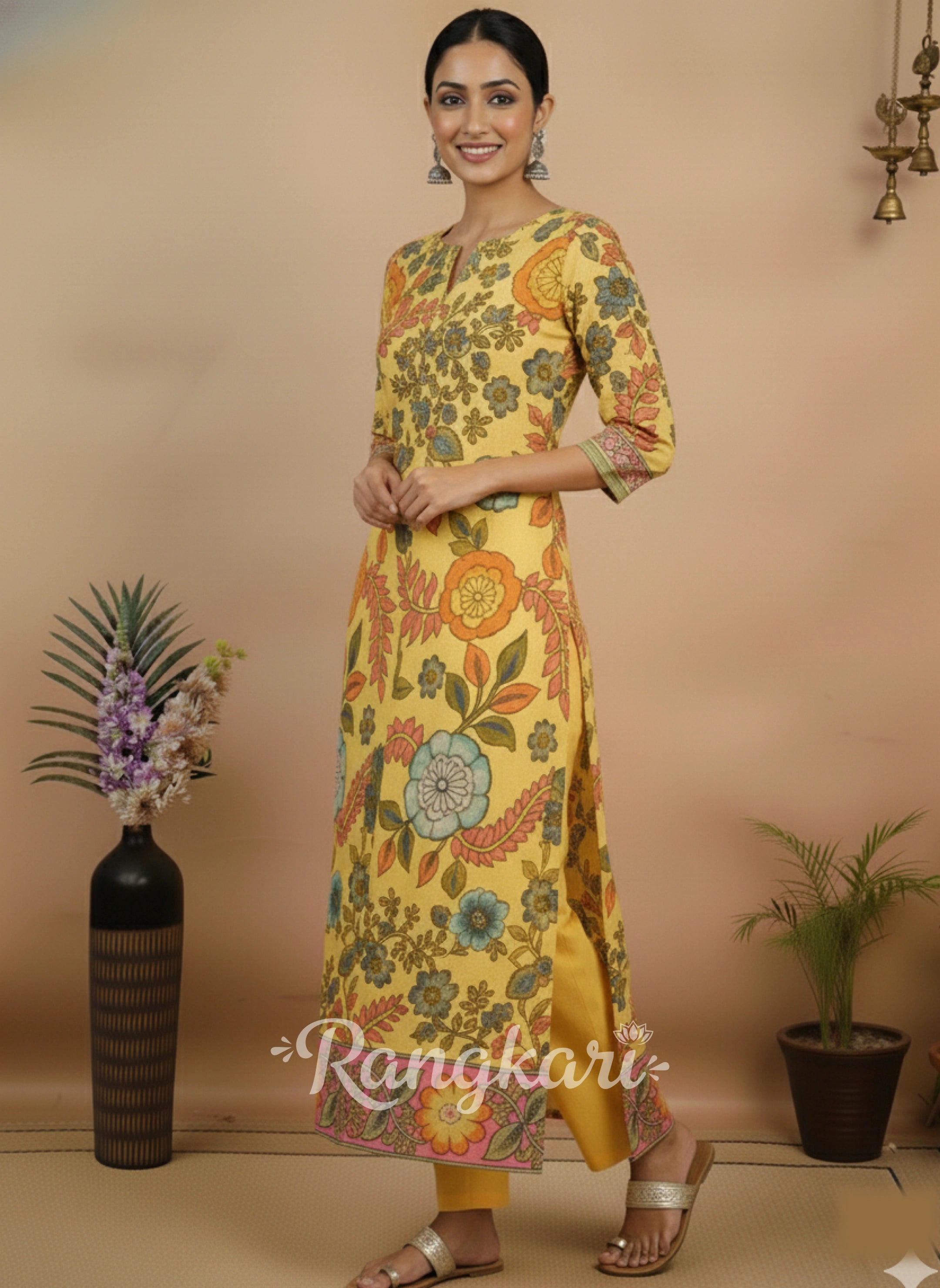 Sunshine Bloom Printed Floral Yellow Cotton Kurta for Women – Ethnic Elegance with Modern Charm