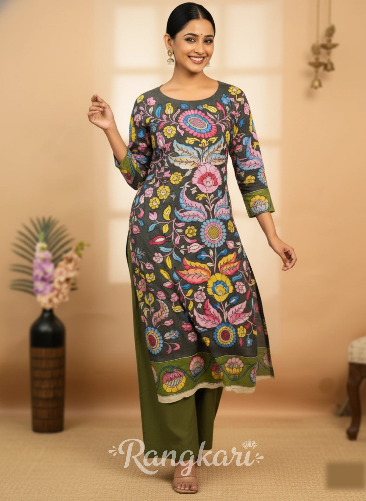 Charcoal Green Multicolor Floral Cotton Kurta – Inspired Kalamkari Ethnic Wear for Women
