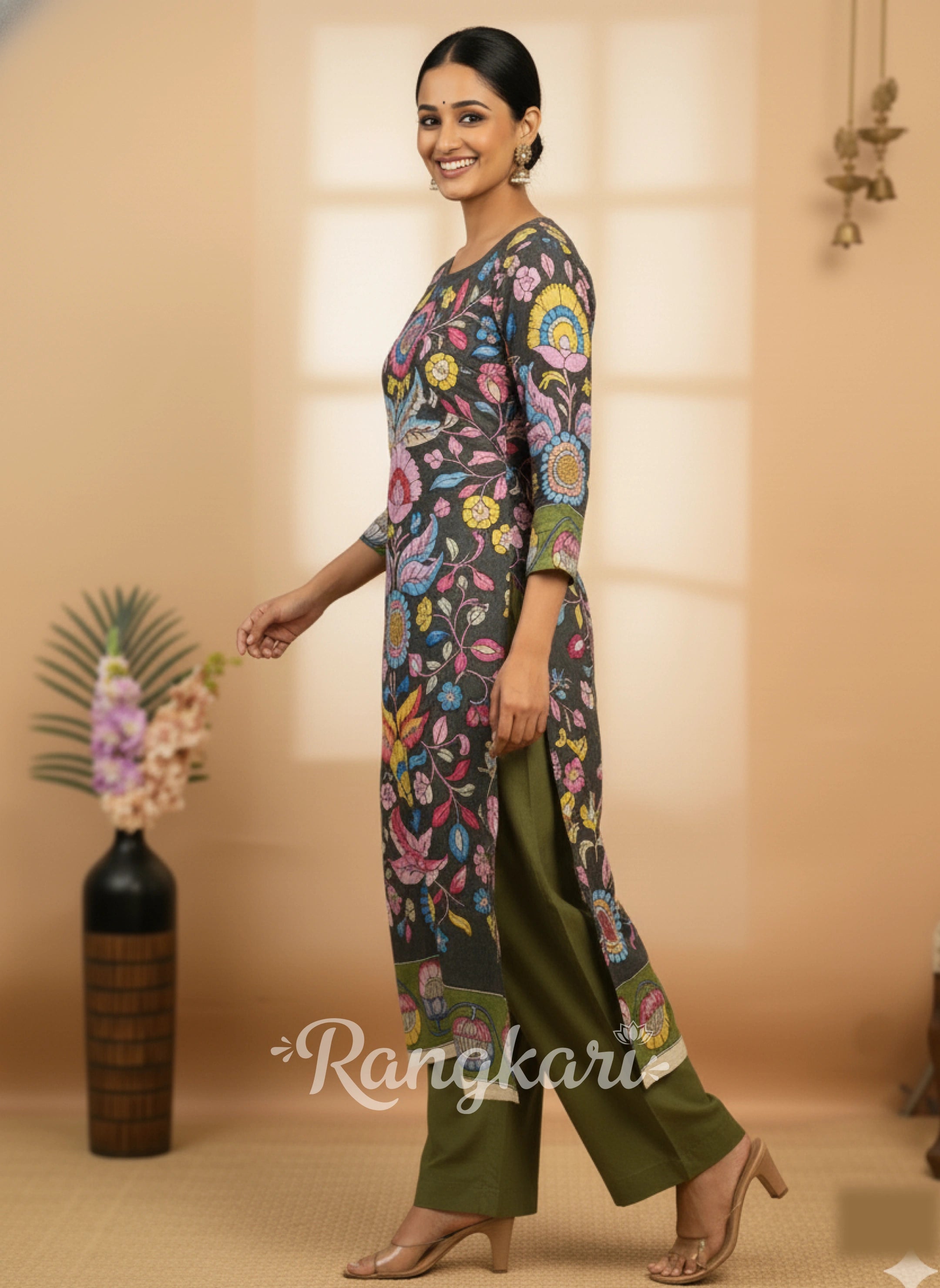 Charcoal Green Multicolor Floral Cotton Kurta – Inspired Kalamkari Ethnic Wear for Women