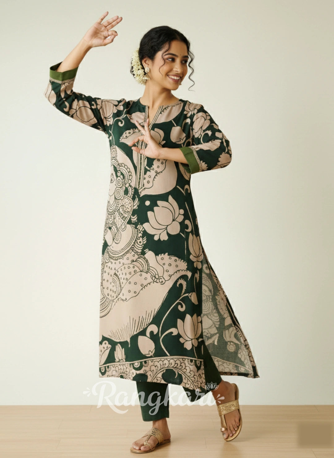 Green Kalamkari Print Kurta Set with Mukaish Embroidery - Ethnic Wear for Women