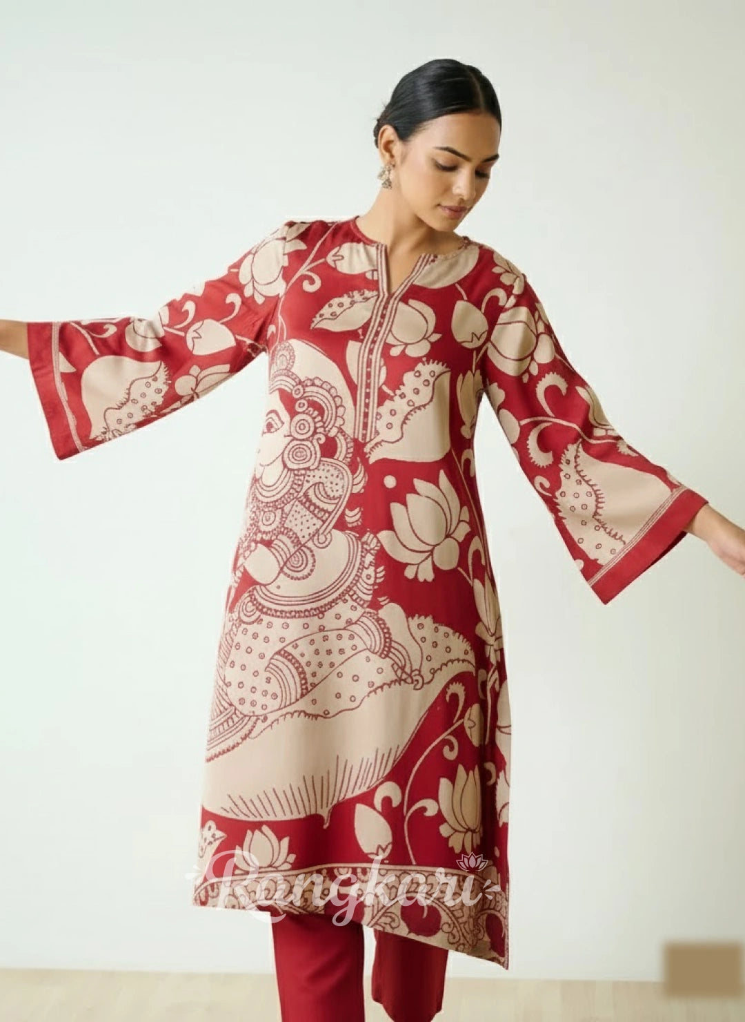 Rust Kalamkari Print Kurta Set with Embroidery - Ethnic Wear for Women
