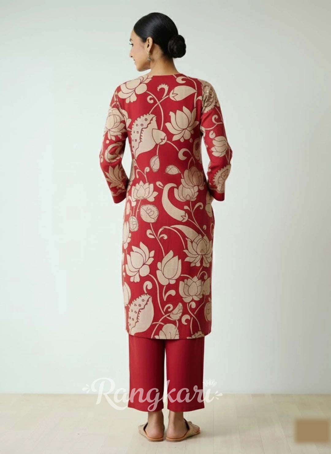 Rust Kalamkari Print Kurta Set with Embroidery - Ethnic Wear for Women