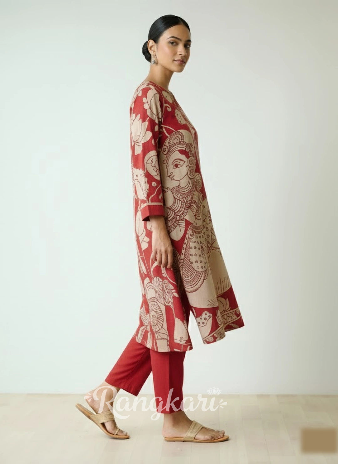 Rust Kalamkari Print Kurta Set with Embroidery - Ethnic Wear for Women