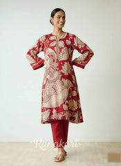 Rust Kalamkari Print Kurta Set with Embroidery - Ethnic Wear for Women