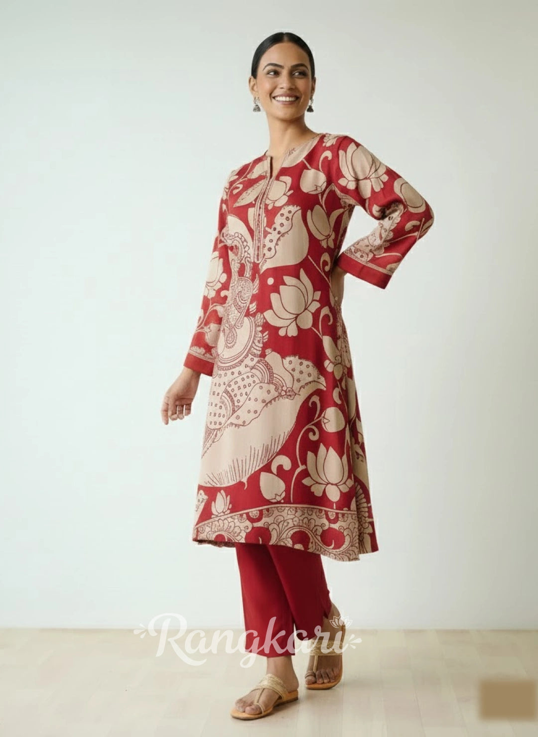 Rust Kalamkari Print Kurta Set with Embroidery - Ethnic Wear for Women