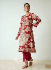 Rust Kalamkari Print Kurta Set with Embroidery - Ethnic Wear for Women