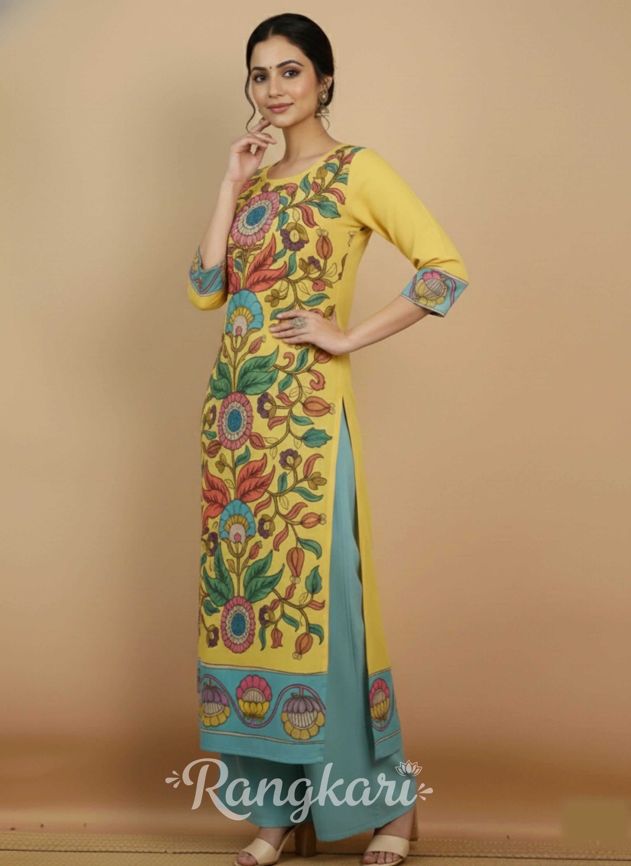 Elegant Yellow & Aqua Floral Art Cotton Kurta Set – Ethnic Charm for Women