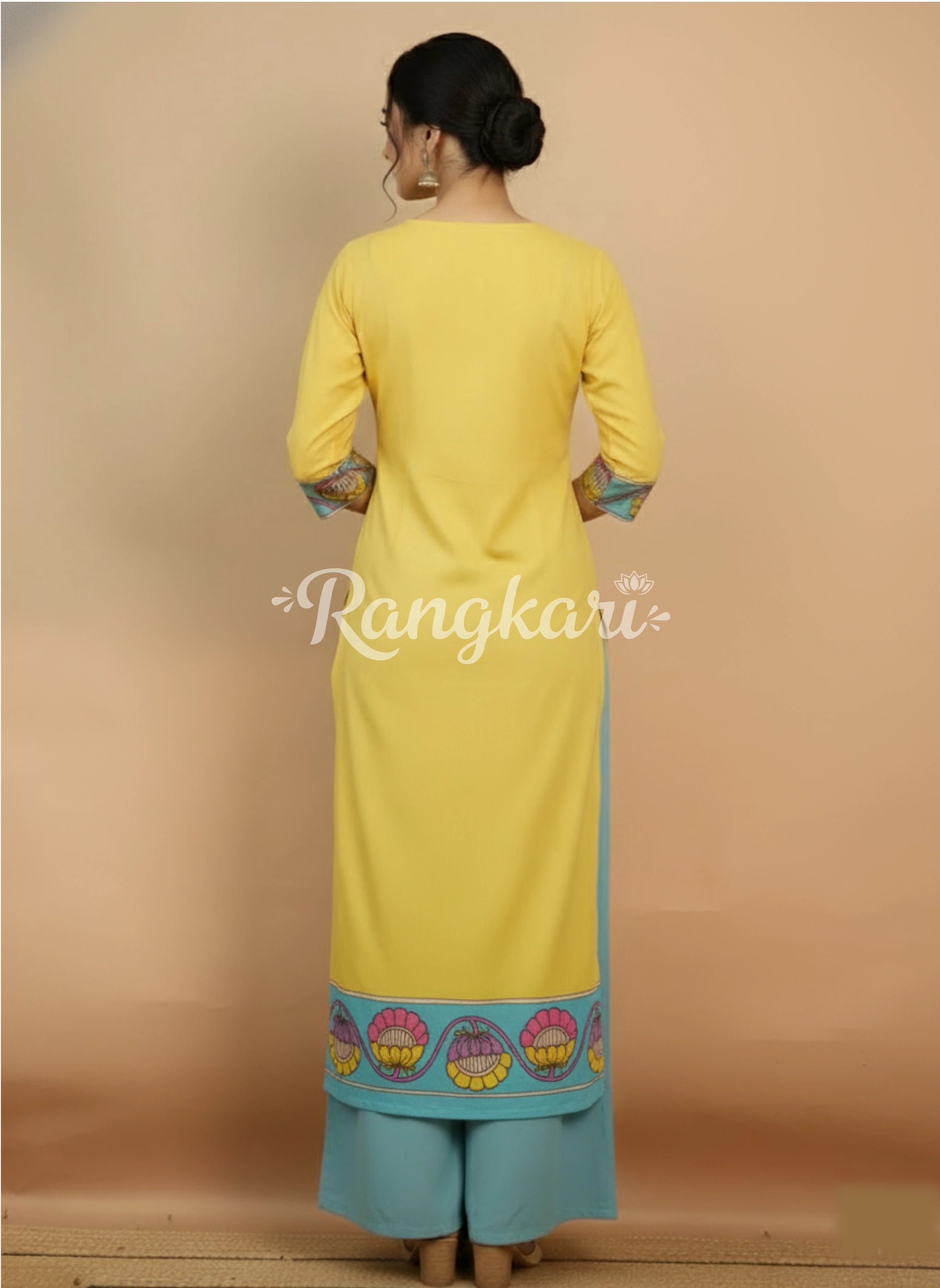 Elegant Yellow & Aqua Floral Art Cotton Kurta Set – Ethnic Charm for Women