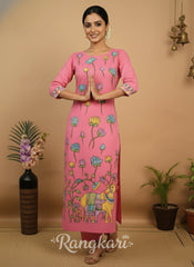 Pink Lotus Bloom Cotton Kurta Set with Cow Motif – Ethnic Elegance Kurti Set for Women