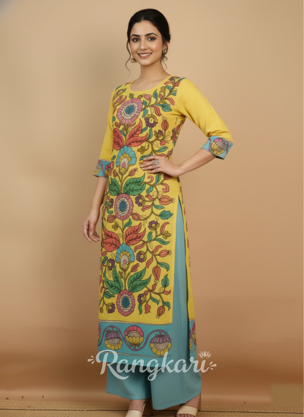 Elegant Yellow & Aqua Floral Art Cotton Kurta Set – Ethnic Charm for Women