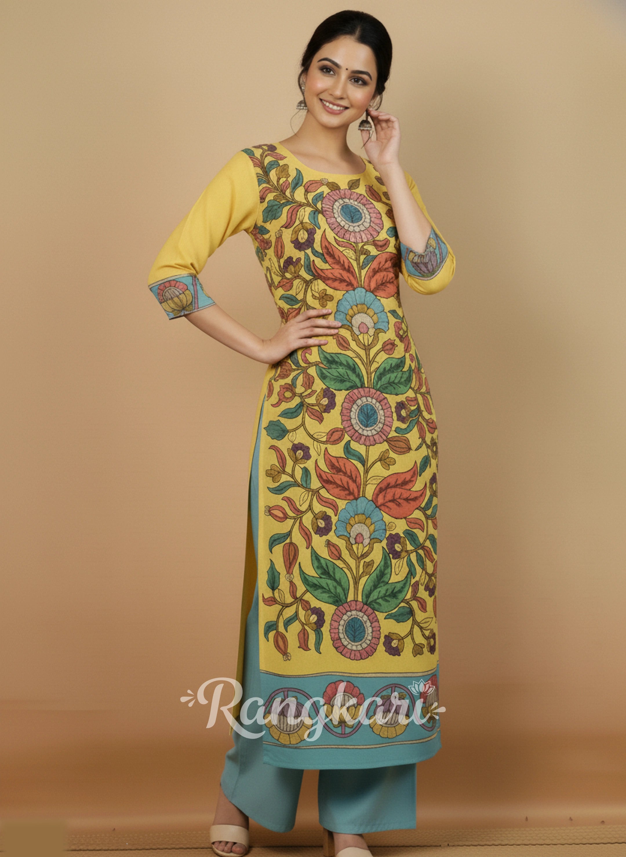 Elegant Yellow & Aqua Floral Art Cotton Kurta Set – Ethnic Charm for Women