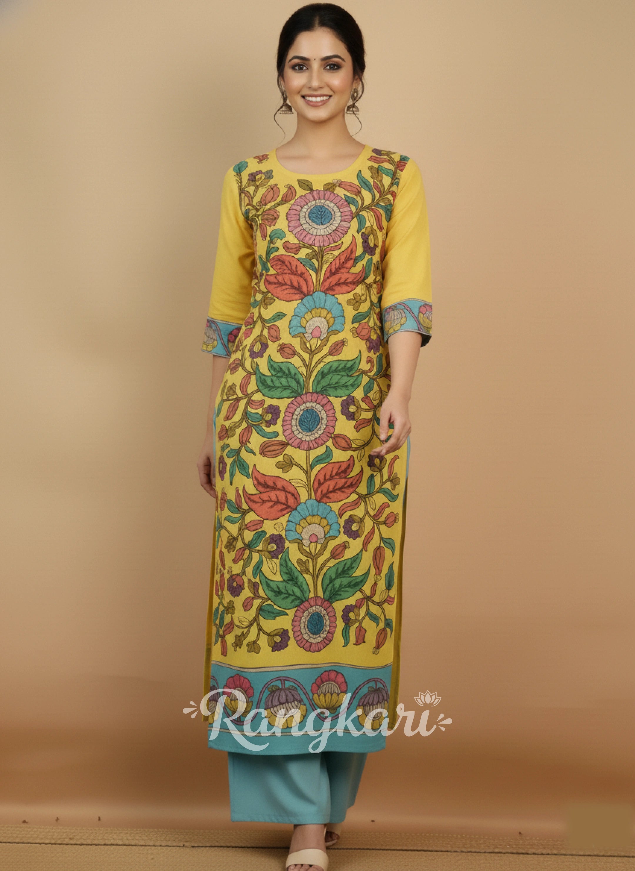 Elegant Yellow & Aqua Floral Art Cotton Kurta Set – Ethnic Charm for Women