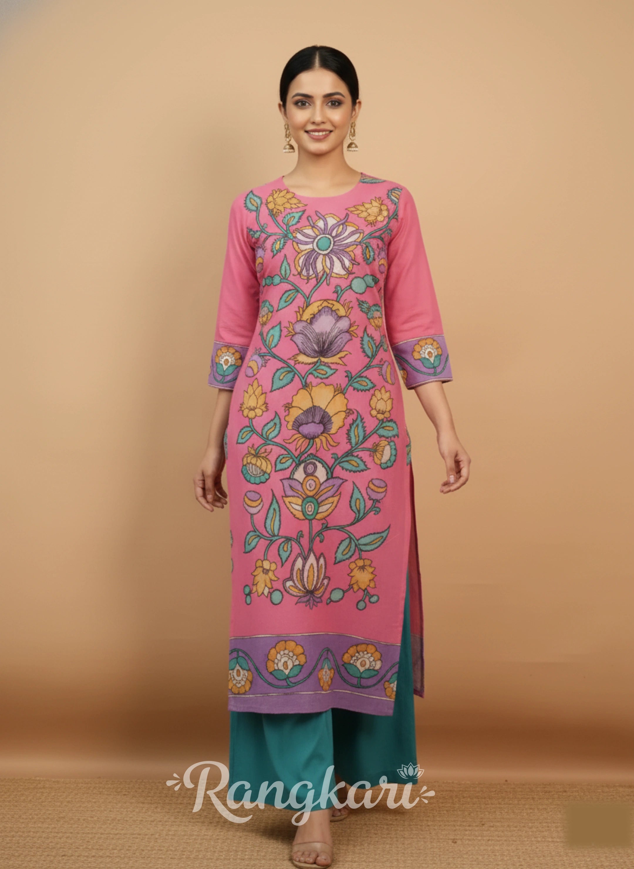 Graceful Pink Floral Art Cotton Kurta Set – Elegant Ethnic Wear for Women