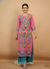 Graceful Pink Floral Art Cotton Kurta Set – Elegant Ethnic Wear for Women