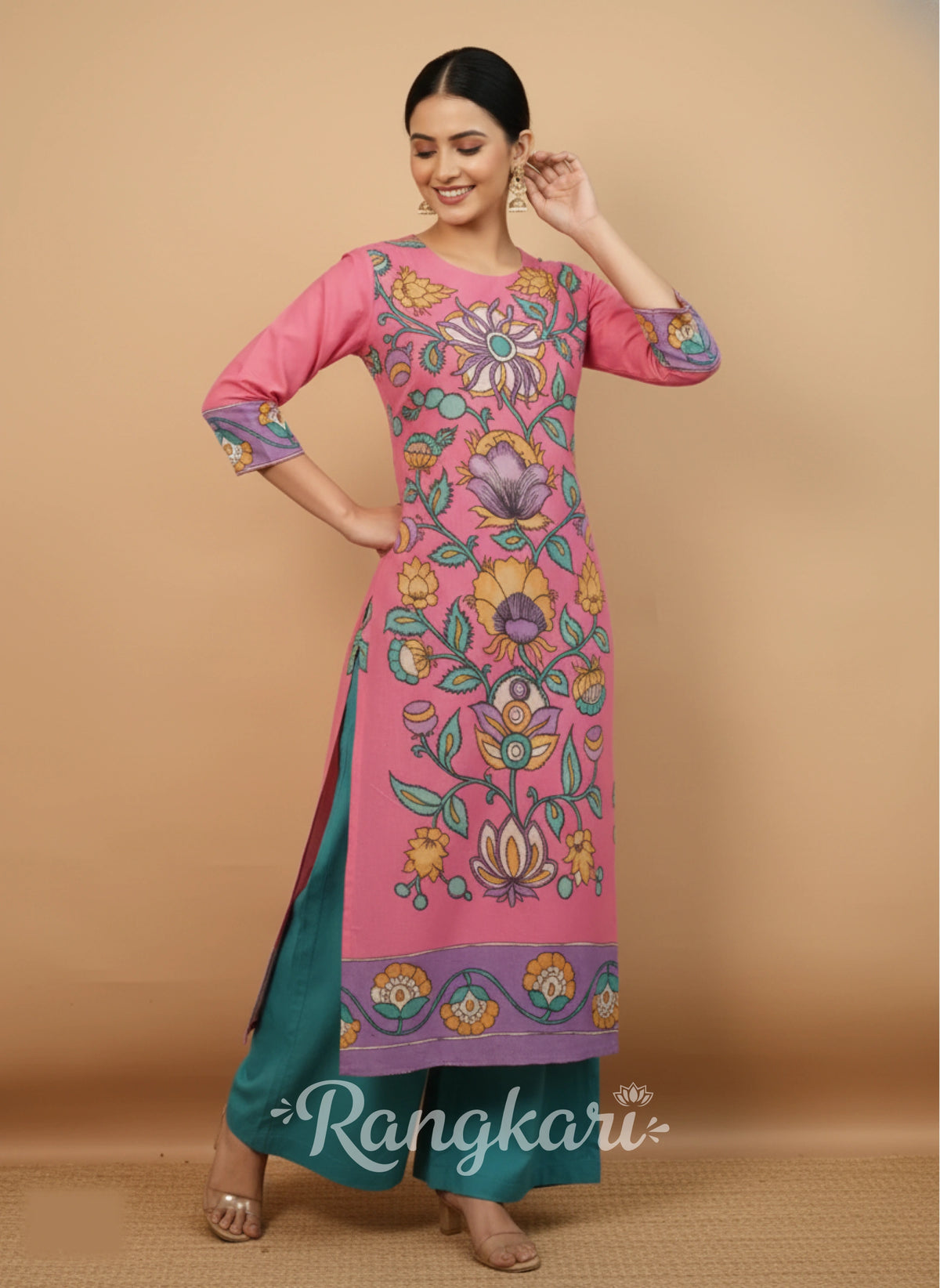 Graceful Pink Floral Art Cotton Kurta Set – Elegant Ethnic Wear for Women