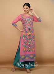 Graceful Pink Floral Art Cotton Kurta Set – Elegant Ethnic Wear for Women