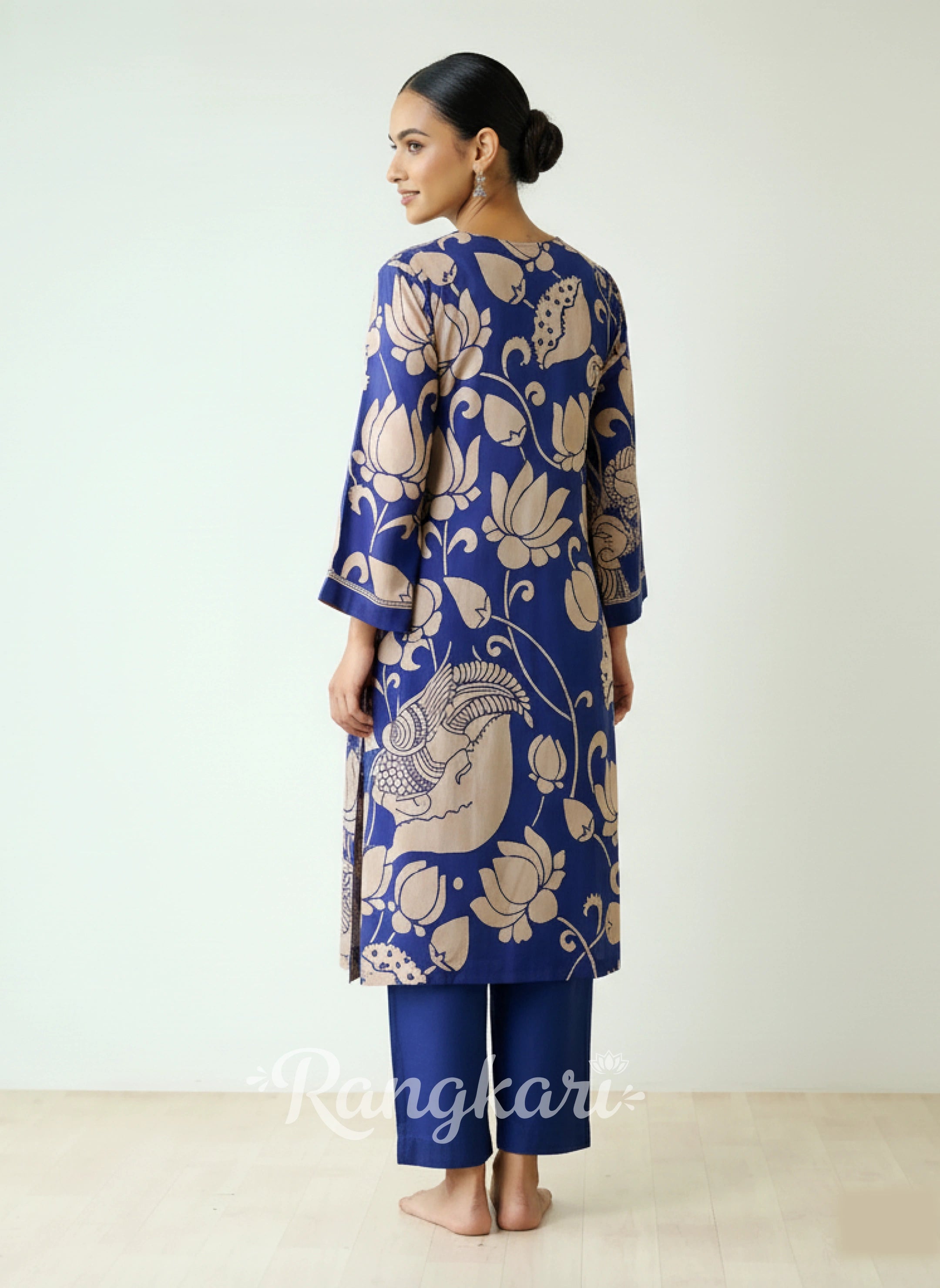 Royal Blue Kurta Set with Embroidery and Kalamkari Print