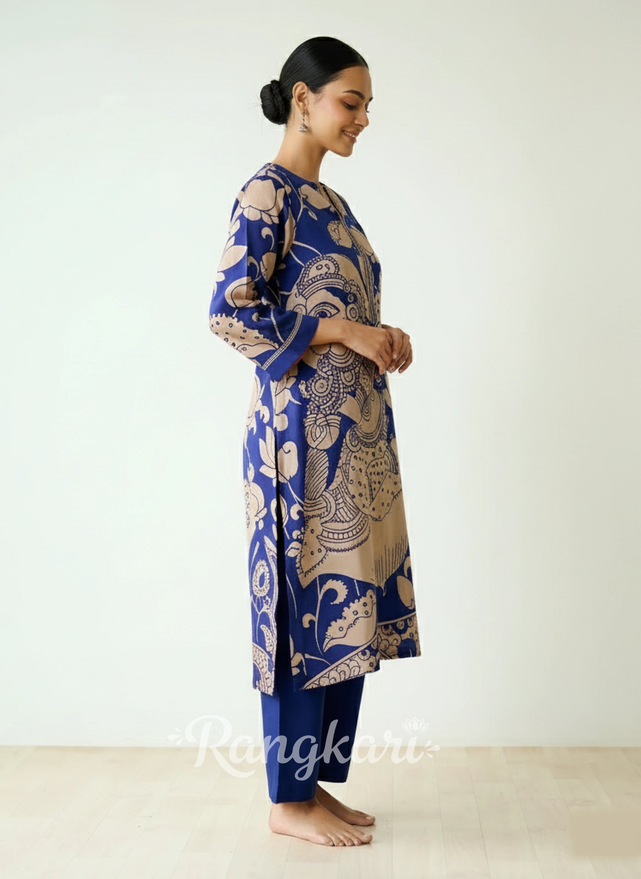 Royal Blue Kurta Set with Embroidery and Kalamkari Print