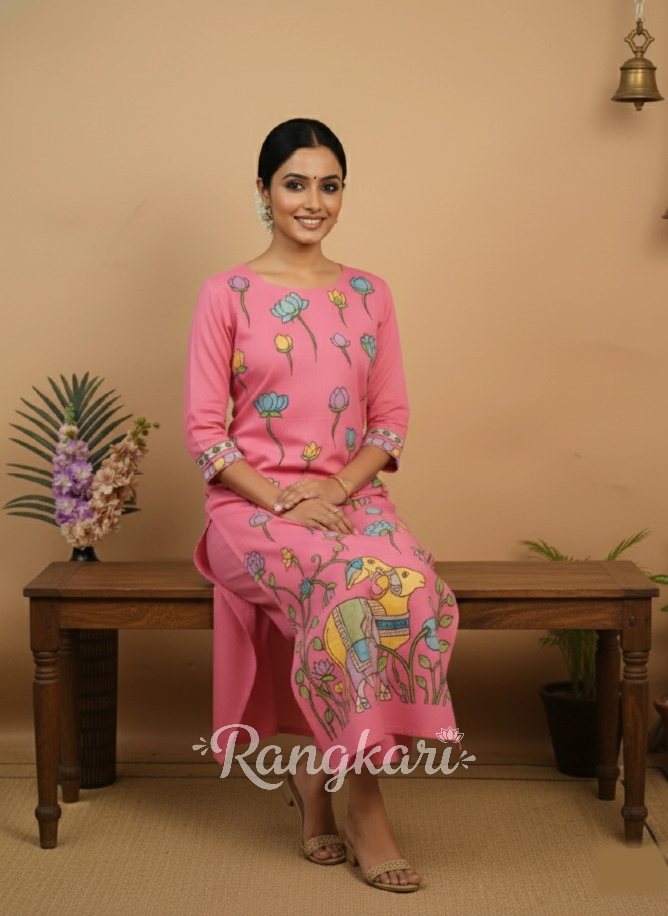 Pink Lotus Bloom Cotton Kurta Set with Cow Motif – Ethnic Elegance Kurti Set for Women