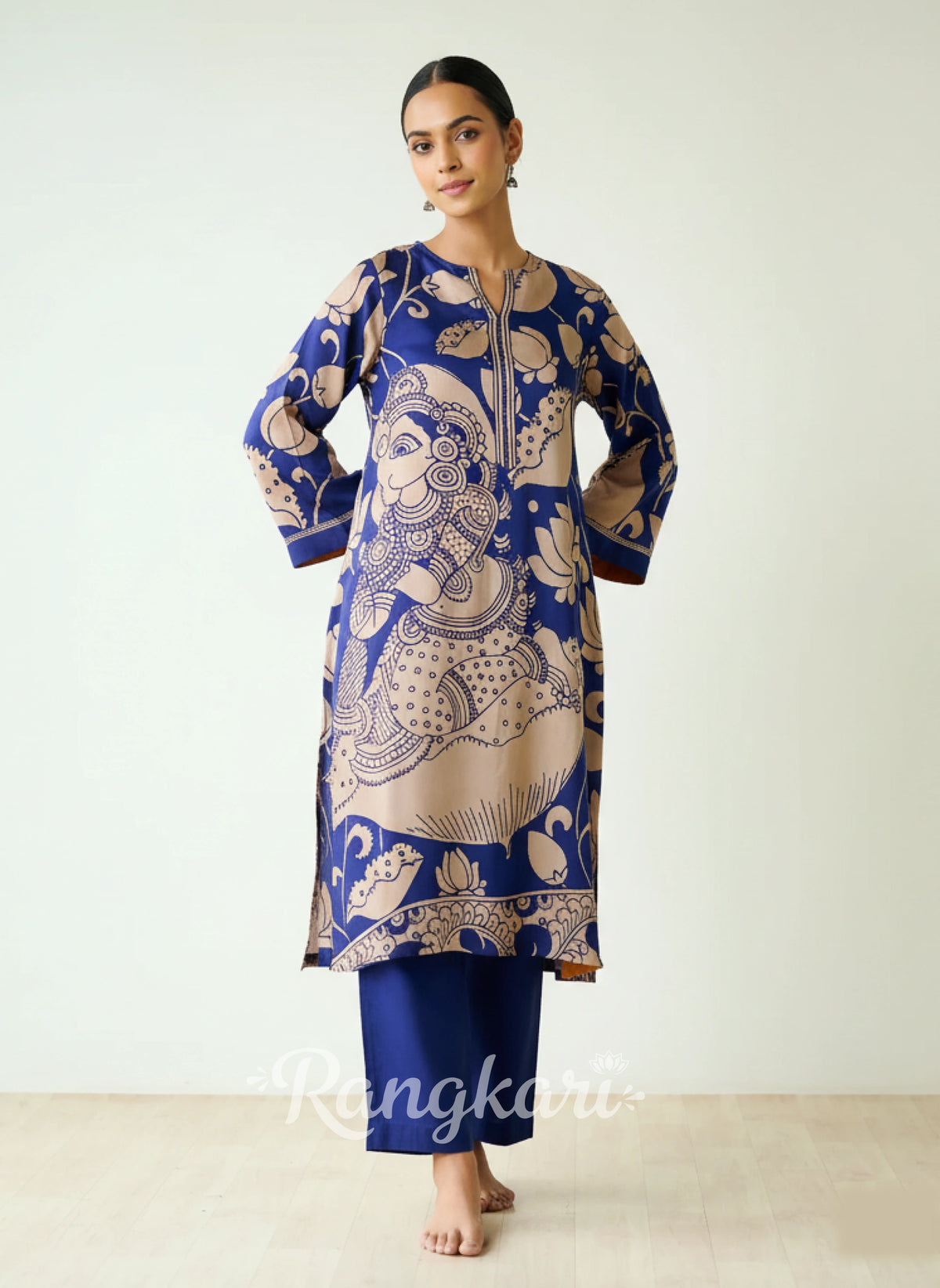 Royal Blue Kurta Set with Embroidery and Kalamkari Print