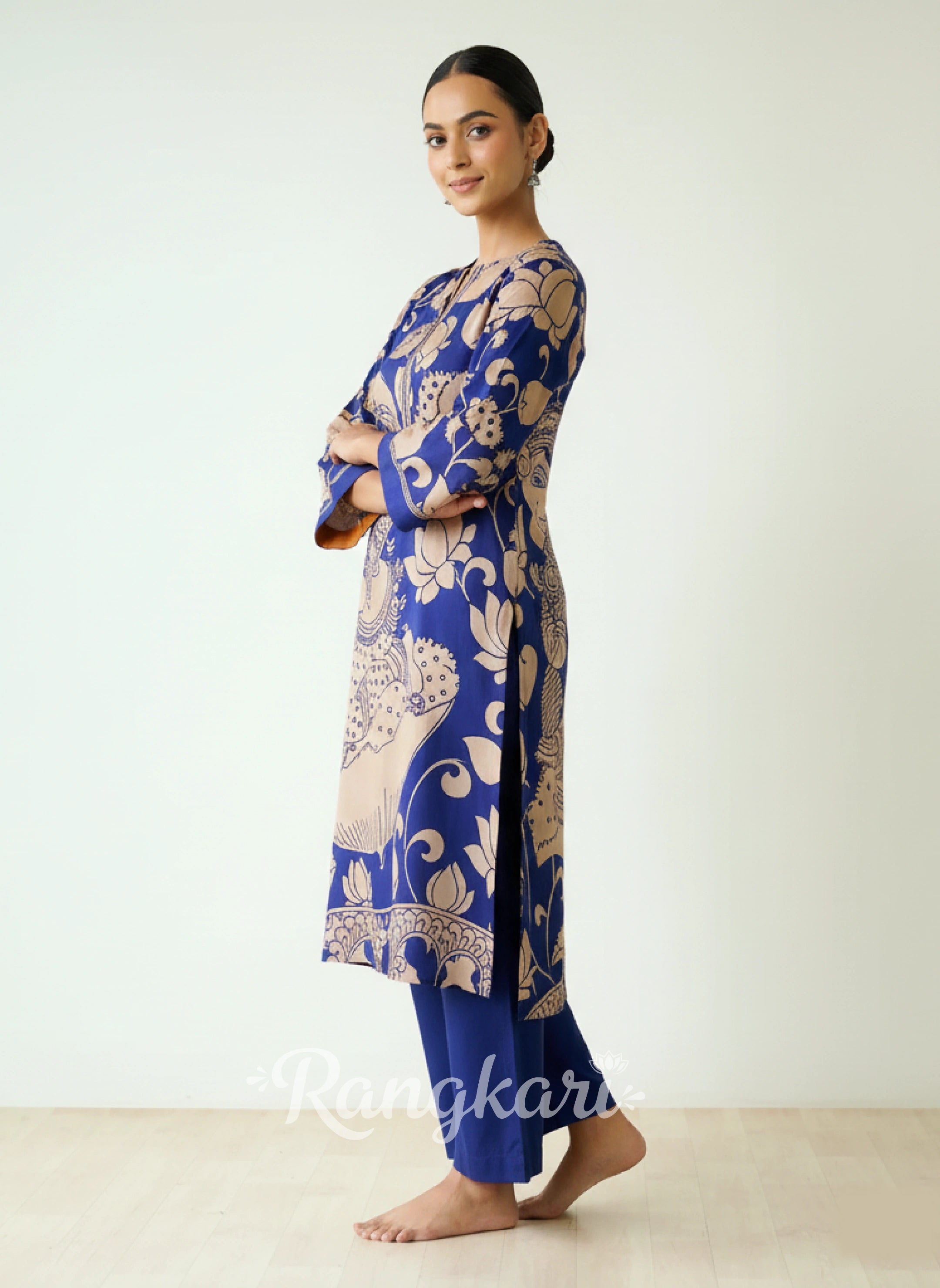 Royal Blue Kurta Set with Embroidery and Kalamkari Print