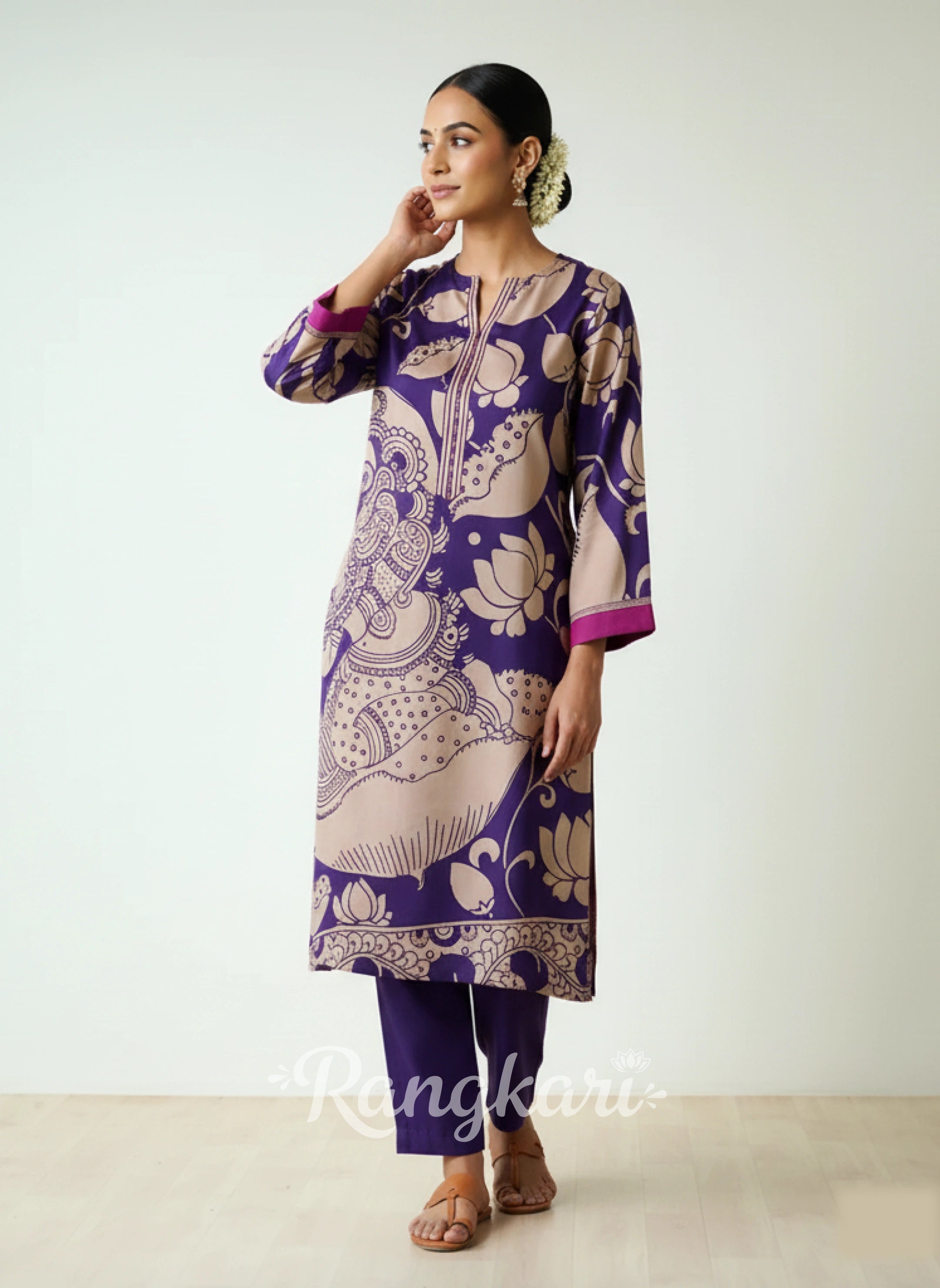 Violet Kalamkari Print Kurta Set with Embroidery - Traditional Ethnic Wear for Women