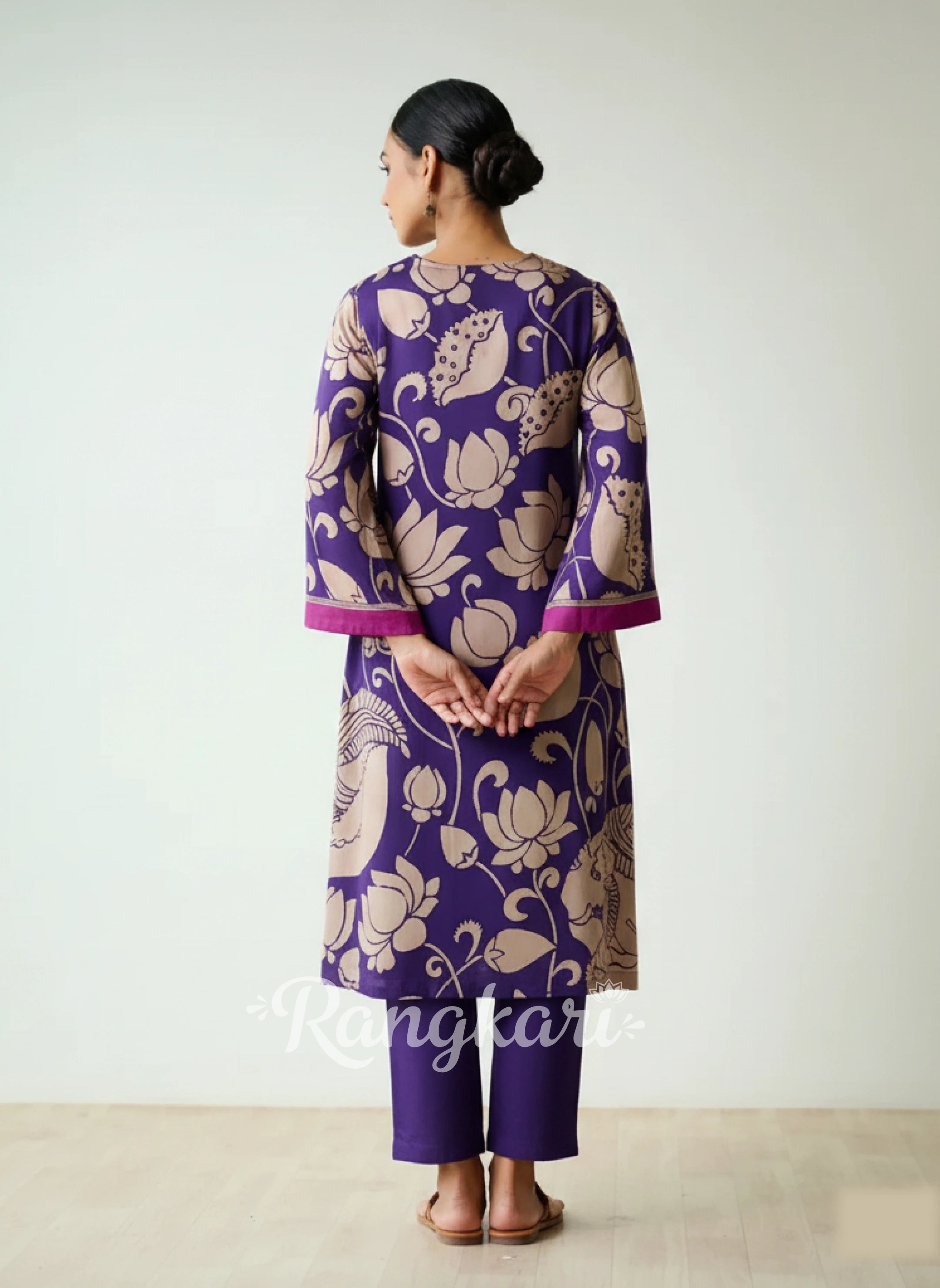 Violet Kalamkari Print Kurta Set with Embroidery - Traditional Ethnic Wear for Women