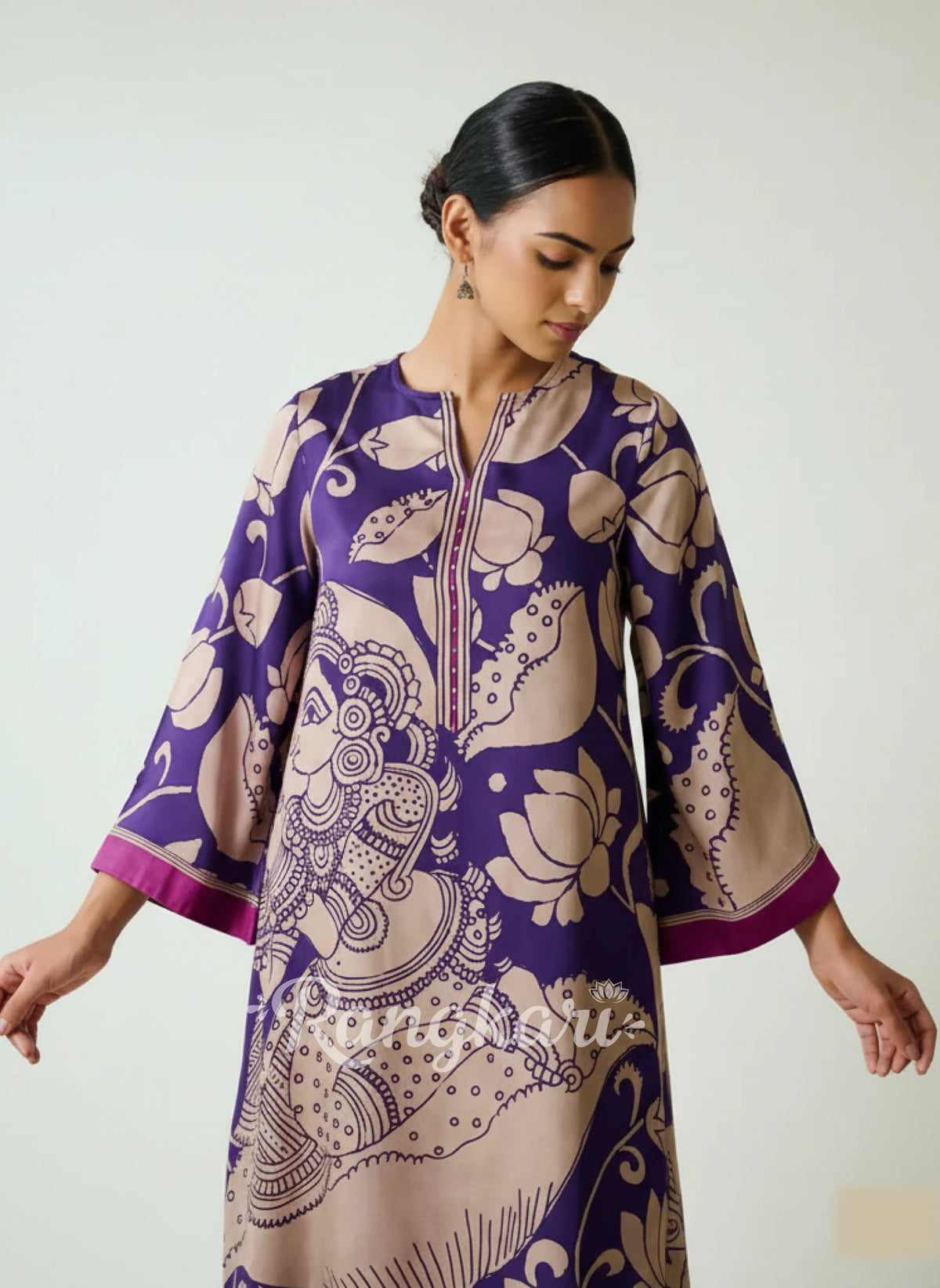 Violet Kalamkari Print Kurta Set with Embroidery - Traditional Ethnic Wear for Women