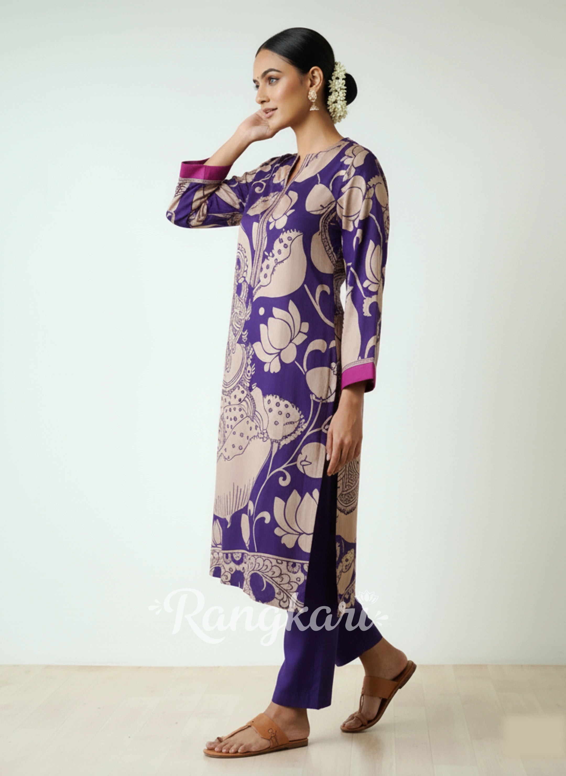 Violet Kalamkari Print Kurta Set with Embroidery - Traditional Ethnic Wear for Women