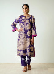 Violet Kalamkari Print Kurta Set with Embroidery - Traditional Ethnic Wear for Women