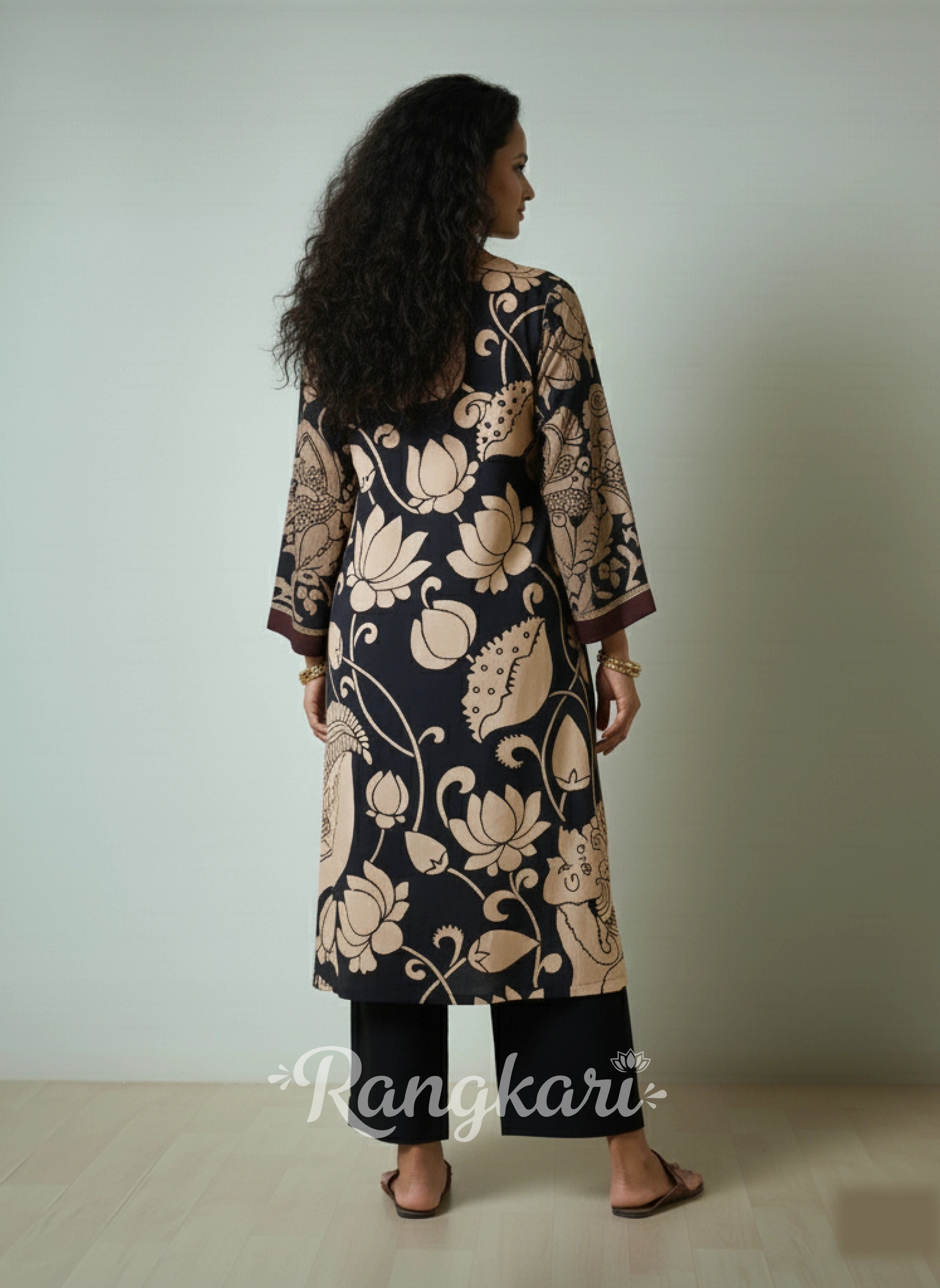 Black & Beige Kalamkari Kurta Set with Embroidery - Modern Ethnic Wear for Women