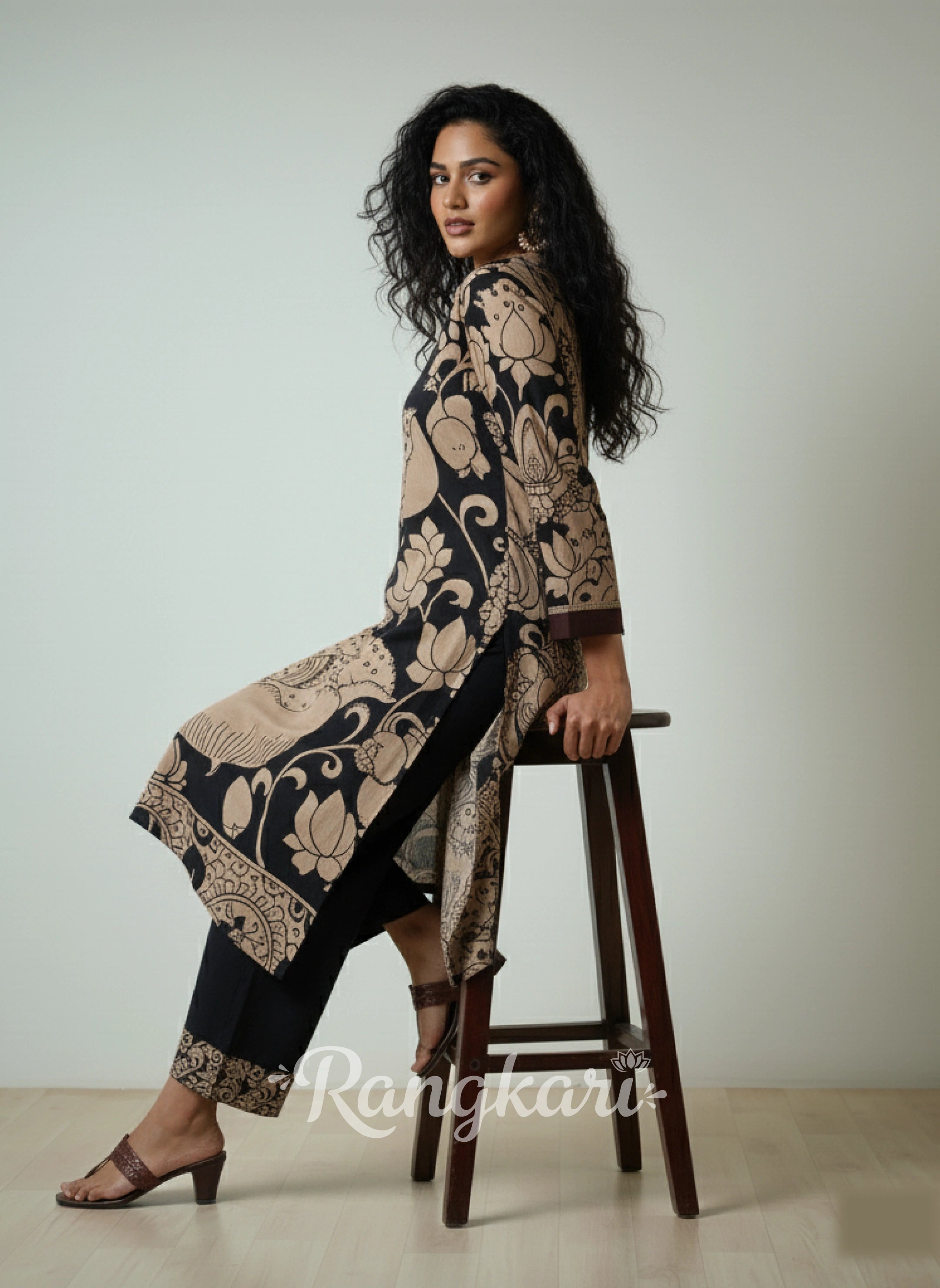 Black & Beige Kalamkari Kurta Set with Embroidery - Modern Ethnic Wear for Women
